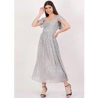 Gini London Women's Silver Jacquard Metallic Angel Sleeves Midi Dress | Size: 12