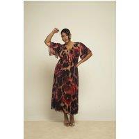 FASHION-SZN Women's Curve Flutter Sleeve Animal & Floral Statement Midi Dress in Brown | Size: 16
