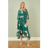 Yumi Women's Green Bird & Floral Print Midi Wrap Dress | Size: 10