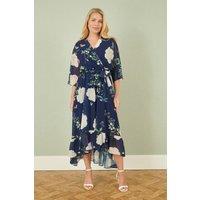 Yumi Women's Navy Bird & Floral Print Midi Wrap Dress | Size: 12