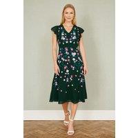 Yumi Women's Green All Over Floral Embroidery Midi Skater Dress | Size: 14