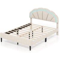 Gymax King Upholstered LED Bed Frame Platform Bed Adjustable Petal Headboard in Beige