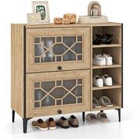 Costway Shoe Storage Cabinet Freestanding Shoe Organizer w/ Flip Doors-Oak in Light Oak