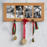 MijMoj Design Solid Oak Four (6" x 4" Photos) Aperture Photo Frame with Medal Hanger - Sports Medal Display in Light Oak