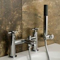 Nes Home Crox Modern Chrome Deck Mounted Cross Head Bath Shower Mixer Tap With Handset Kit in Metallic Silver