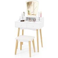 Gymax Mirror Dressing Table & Chair Set Vanity Desk With Lights 6 Drawers in White