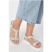 Yours Women's Diamante Strap T-Bar Sandals in White | Size: 5E
