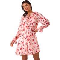Rose Print Ruffle V-Neck Smock Dress