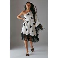 Warehouse Women's Petite Premium Fringe Trim One Shoulder Mini Dress in Mono | Size: 8