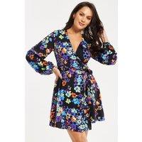 Liquorish Women's Speckle Floral Print Mini Wrap Dress in Black | Size: 8