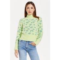 Liquorish Women's Fluffy Animal High Neck Jumper In Green | Size: Large