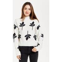 Liquorish Women's Leaf Pattern High Neck Jumper in White | Size: Medium