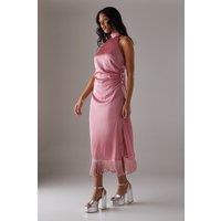 Crinkle Satin Halter Fringe Midi Dress