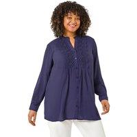 Roman Women's Curve Lace Trim Pintuck Blouse in Navy | Size: 20