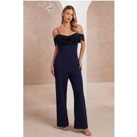 Navy Satin Cold Shoulder Jumpsuit