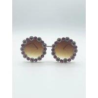 SVNX Women's Round Floral Crystal Gem Sunglasses in Pink