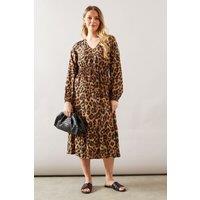 Wallis Women's Leopard Print Drawstring Viscose Midi Dress in Brown | Size: 10