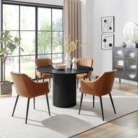 FurnitureboxUK Penrose Black Round Dining Table & 4 Calla Faux Leather Chairs in Tan