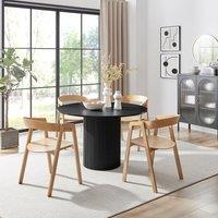 FurnitureboxUK Penrose Black Round Dining Table & 4 Oak Masa Chairs in Light Oak