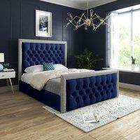 Casani Venice Glitter Border Upholstered Soft Velvet Bed Frame in Blue | Size: Super King