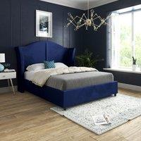 Casani Zampa Curved Top Curved Winged Upholstered Soft Velvet Bed Frame in Blue | Size: Super King