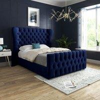Casani Parma Wide Curved Winged Upholstered Soft Velvet Bed Frame in Blue | Size: Super King