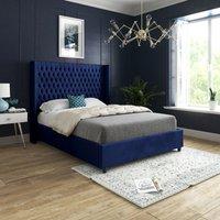 Casani Volta Straight Winged Upholstered Soft Velvet Bed Frame in Blue | Size: Super King