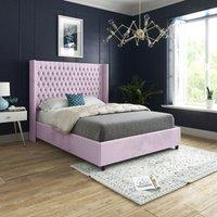 Casani Volta Straight Winged Upholstered Soft Velvet Bed Frame in Pink | Size: Super King