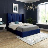 Casani Bellini Wide Curved Winged Upholstered Soft Velvet Bed Frame in Blue | Size: Super King