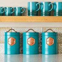 Cooks Professional 3-Piece Tea Coffee & Sugar Storage Canisters Bins with Copper Labels in Teal