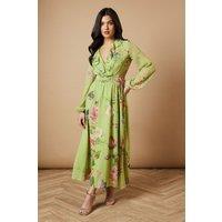 Oasis Women's Printed Cut Out Long Sleeve Midi Dress in Green | Size: 8
