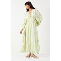 Warehouse Women's Stripe Chiffon Pleat Plunge Neck Batwing Midaxi Dress in Lime | Size: 8