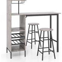 Costway 3PCS Bar Table & 2 Stool Industrial Kitchen Dining Set W/ Wine Rack Glass Holder in Grey