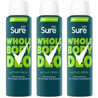 Sure Men's Whole Body 'Deodorant Spray' Active Fresh w/ 72H Odour free 150ml, 3pk in White