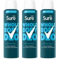 Sure Men's Whole Body 'Deodorant Spray' Ocean Rush w/ 72H Odour Control 150ml, 3pk in White
