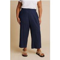 Yours Women's Linen Cropped Wide Leg Trousers in Dark Navy | Size: 26-28