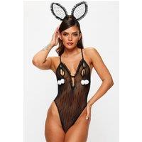 Ann Summers Women's Bedroom Bunny 2 Piece Peek-A-Boo Crotchless Body with Ears in Black | Size: XS/S