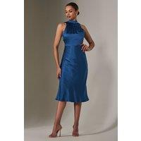 Jolie Moi Women's Satin Halter Neck Midi Dress in Navy | Size: 12