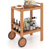 Gymax Wood Bar Cart 2 Tier Rolling Serving Cart With Wine Bottle Holders in Khaki