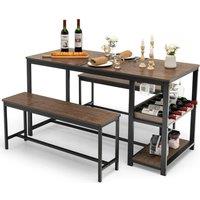 Gymax 3PCS Dining Set Dining Table 2 Benches Set With Storage Shelf & Wine Rack in Brown