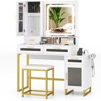 Costway Modern Vanity Set Dressing Table & Chair Set w/ Adjustable Brightness in White