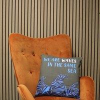 KDMD Printed Cotton Cushion Cover - We are Waves - Grey, Blue & Natural - (Set of 3)