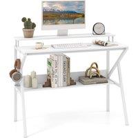 Gymax Desk Office Workstation With Monitor Stand & Open Shelf Metal Frame in White