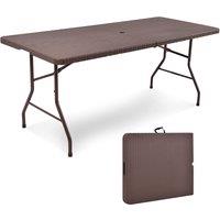 Gymax Folding Picnic Table 182 CM Rattan Camping Table With Umbrella Hole in Brown