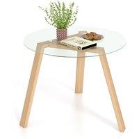 Gymax Round Glass Dining Coffee Table With Tempered Glass Tabletop Wood Base in Light Khaki