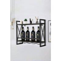 Living and Home 2-Tier Wall-Mounted Hanging Wine Storage Rack Floating Shelf with 5 Glass Holder in Brown