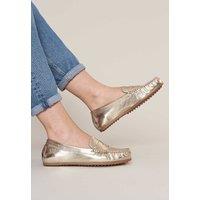 Moshulu Women's 'Pipit' Classic Leather Moccasin Loafers in Metallic Gold | Size: 5