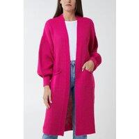 HOXTON GAL Women's Oversized Long Sleeves Midi Knitted Cardigan with Pocket Details in Fuchsia