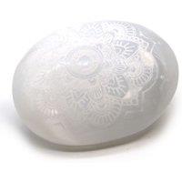 KDMD Selenite Palm Stone - Mandala Engraved in Grey