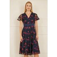 Yumi Women's Navy Embroidered Floral Mesh Wrap Midi Skater Dress | Size: 14